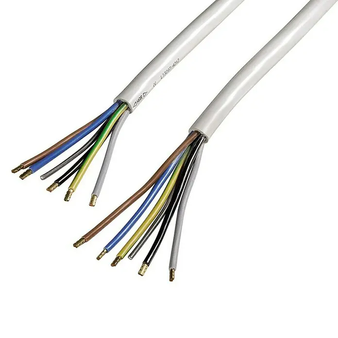 Xavax Zuleitung Elektroherd - 2,5 m H05VV-F 5 x 2,5mm² - Zwei graue Elektrokabel, jeweils mit mehreren abisolierten, farbcodierten Adern mit Aderendhülsen.
