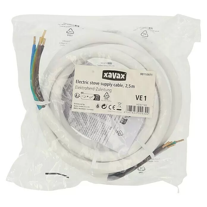 Xavax Zuleitung Elektroherd - 2,5 m H05VV-F 5 x 2,5mm² - Weißes Xavax Elektroherd-Anschlusskabel, 2,5 m, mit farbigen Adern, in Klarsichtverpackung.
