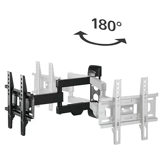 Hama TV-Wandhalterung schwenkbar - Passend für: Bildschirmdiagonale 19 - 48″, 48 - 122 cm, Belastbarkeit: 25 kg, Wandabstand: 7,9 cm - 38,8 cm - Schwenkbare schwarze und weiße TV-Wandhalterung, die eine 180-Grad-Drehfunktion zeigt.