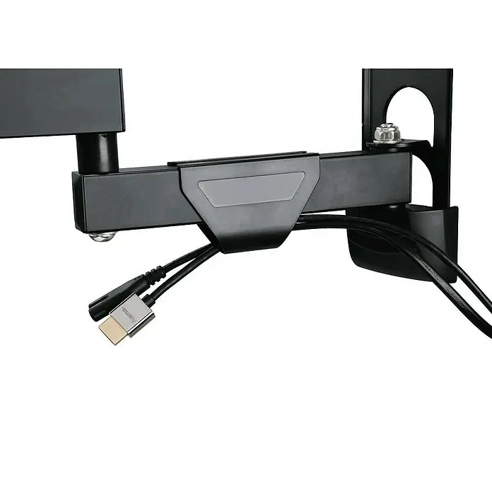 Hama TV-Wandhalterung schwenkbar - Passend für: Bildschirmdiagonale 19 - 48″, 48 - 122 cm, Belastbarkeit: 25 kg, Wandabstand: 7,9 cm - 38,8 cm - Nahaufnahme einer Hama TV-Wandhalterung aus schwarzem Metall mit Kabeln. Eine zuverlässige und stilvolle Lösung zur Wandmontage Ihres Fernsehers.