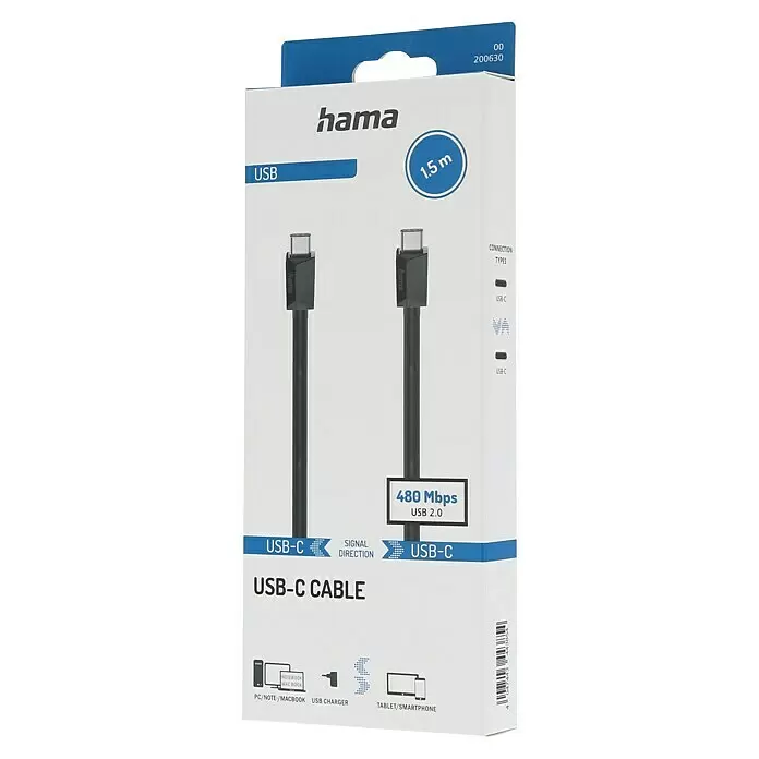 Hama USB-Kabel - 1,5 m, USB C-Stecker, Schwarz - Hama schwarzes USB-C zu USB-C Kabel, 1,5m, USB 2.0 (480 Mbps), in Verkaufsverpackung.