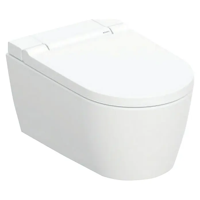 Geberit Wand-Dusch-WC-Set AquaClean Sela - Spülrandlos, Mit schmutzabweisender Glasur, Spülform: Tief, WC Abgang: Waagerecht, Weiß - Ein modernes, wandhängendes WC in Weiß, das durch sein schlichtes und elegantes Design besticht und ideal für jedes Badezimmer ist.
