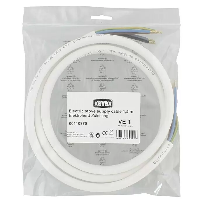 Xavax Zuleitung Elektroherd - 1,5 m H05VV-F 5 x 2,5mm² - 1,5 m Elektroherd-Anschlusskabel in Weiß, mit freiliegenden farbigen Adern, in Klarsichtverpackung.