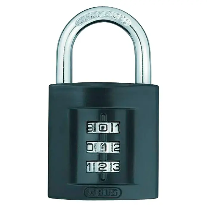 Abus Candado con combinación 158/40 - An x Al: 42 x 73,5 mm, Zinc fundido, Número de dígitos en combinación: 3 ud. - Un candado de combinación gris ABUS con tres diales configurados en 901, 012 y 123, perfecto para un almacenamiento seguro.