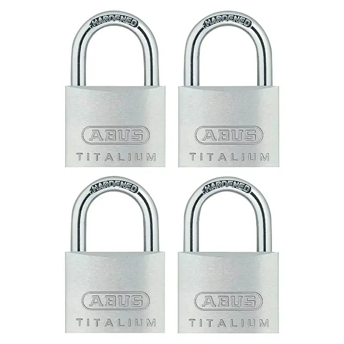 Abus Titalium Juego de candados 64TI/40 - An x Al: 40 x 62 mm, 4 ud., Aluminio - La imagen muestra cuatro candados ABUS TITALIUM, duraderos y fiables para diversas aplicaciones de seguridad.