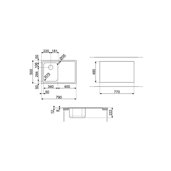 Smeg Fregadero encastrable SP791 D - 50 x 79 cm, Acero inoxidable - Dibujo técnico de un fregadero con dimensiones. Muestra las vistas superior, lateral y frontal con todas las medidas relevantes.