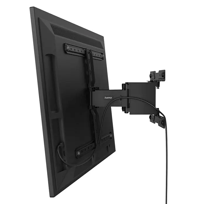 Hama TV-Wandhalterung schwenkbar Ultraslim - Passend für: Bildschirmdiagonale 37 - 90″, 94 - 228,6 cm, Belastbarkeit: 50 kg, Wandabstand: 2,3 cm - 27,8 cm - Das Bild zeigt eine Hama TV-Wandhalterung, die an einem Fernseher befestigt ist. Die Halterung ist schwarz und ermöglicht es, den Fernseher an der Wand zu befestigen.