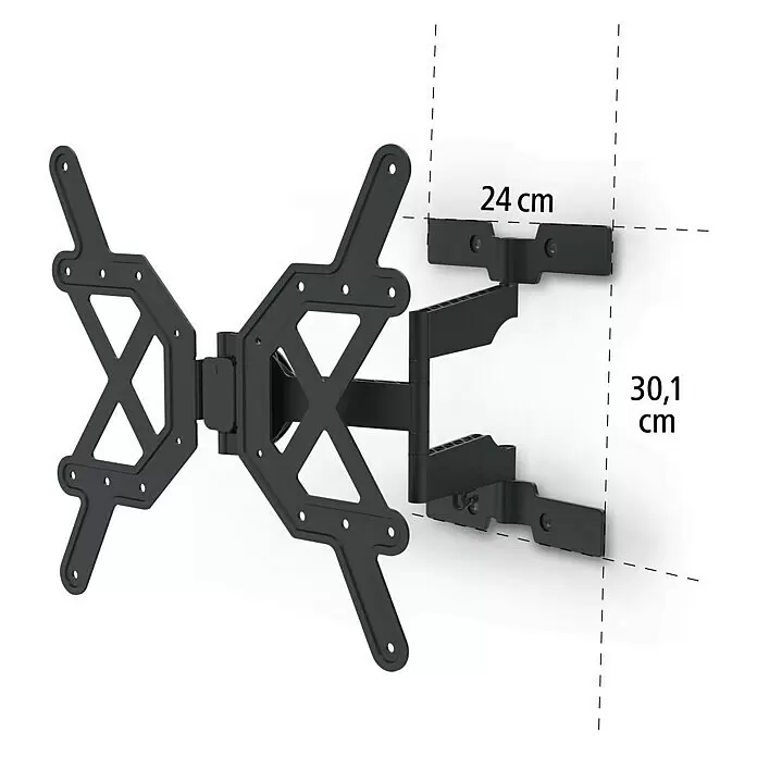 Hama TV-Wandhalterung schwenkbar - Passend für: Bildschirmdiagonale 32 - 65″, 81 - 165 cm, Belastbarkeit: 30 kg, Wandabstand: 2,5 cm - 41 cm - Schwarze, schwenkbare TV-Wandhalterung aus Metall, zeigt 24 cm Tiefe und 30,1 cm Wandplattenhöhe.