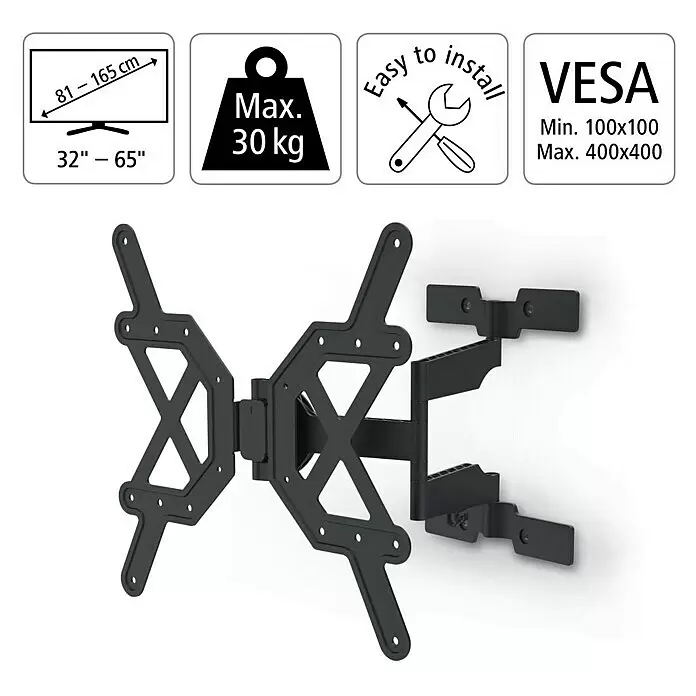 Hama TV-Wandhalterung schwenkbar - Passend für: Bildschirmdiagonale 32 - 65″, 81 - 165 cm, Belastbarkeit: 30 kg, Wandabstand: 2,5 cm - 41 cm - Schwarze schwenkbare TV-Wandhalterung für Bildschirme 32"-65" (81-165cm) bis 30kg, VESA-kompatibel.