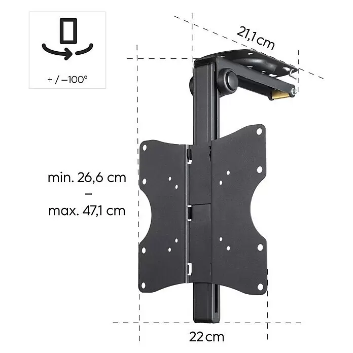 Hama TV-Deckenhalterung schwenkbar & höhenverstellbar - Passend für: Bildschirmdiagonale 19 - 46″, 48 - 117 cm, Belastbarkeit: 20 kg - Schwarze verstellbare Decken-/Unterschrankhalterung für TV/Monitor. Mit Höhenverstellung (26,6-47,1cm) und +/-100° Schwenkbereich.