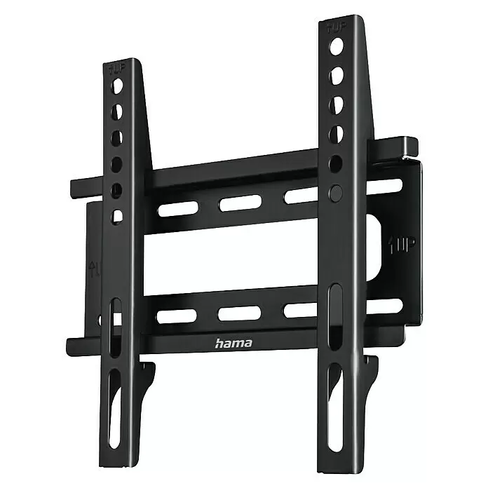 Hama TV-Wandhalterung starr - Passend für: Bildschirmdiagonale 19 - 46″, 48 - 117 cm, Belastbarkeit: 25 kg, Wandabstand: 2,5 cm - Schwarze TV-Wandhalterung aus Metall mit verstellbaren Stangen, Montagelöchern und 'hama' Logo.