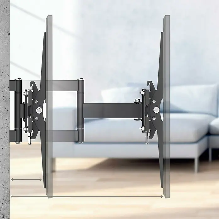 Hama TV-Wandhalterung schwenkbar - Passend für: Bildschirmdiagonale 32 - 65″, 81 - 165 cm, Belastbarkeit: 35 kg, Wandabstand: 9 cm - 42,5 cm - Bild eines schwenkbaren TV-Wandhalters, der an einer Wand befestigt ist, mit einem schlanken Design, das eine flexible Positionierung ermöglicht.