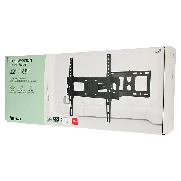 Hama TV-Wandhalterung schwenkbar - Passend für: Bildschirmdiagonale 32 - 65″, 81 - 165 cm, Belastbarkeit: 35 kg, Wandabstand: 9 cm - 42,5 cm - Schwarze Hama FULLMOTION TV-Wandhalterung mit Schwenkarm für 32"-65" TVs, schwenkbar, neigbar und ausziehbar.