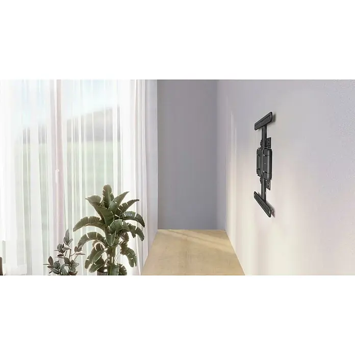 Hama TV-Wandhalterung schwenkbar Ultraslim - Passend für: Bildschirmdiagonale 37 - 90″, 94 - 228,6 cm, Belastbarkeit: 50 kg, Wandabstand: 2,3 cm - 27,8 cm - Eine Nahaufnahme einer neigbaren, vollbeweglichen TV-Wandhalterung, die an einer weißen Wand montiert ist und Funktionalität mit modernem Design verbindet.