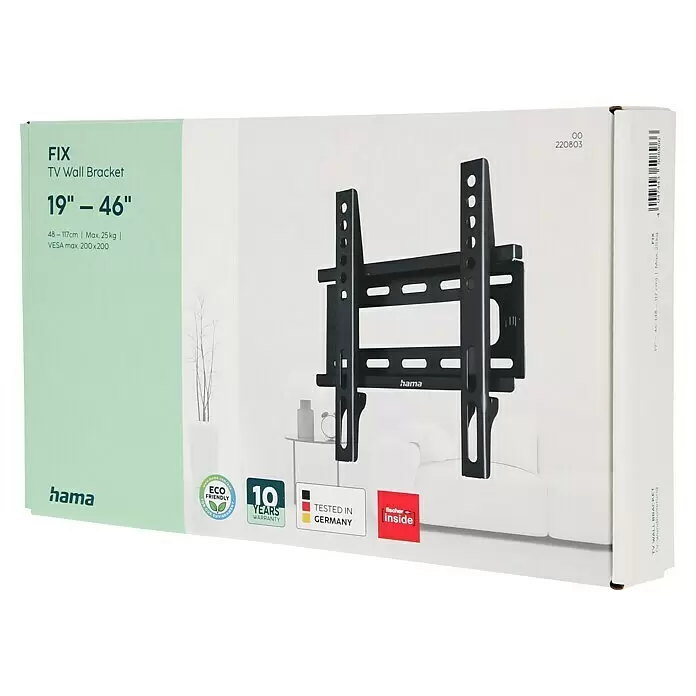 Hama TV-Wandhalterung starr - Passend für: Bildschirmdiagonale 19 - 46″, 48 - 117 cm, Belastbarkeit: 25 kg, Wandabstand: 2,5 cm - Schwarze TV-Wandhalterung aus Metall für 19-46" Bildschirme (max. 25kg, VESA 200x200), auf der Produktverpackung abgebildet.