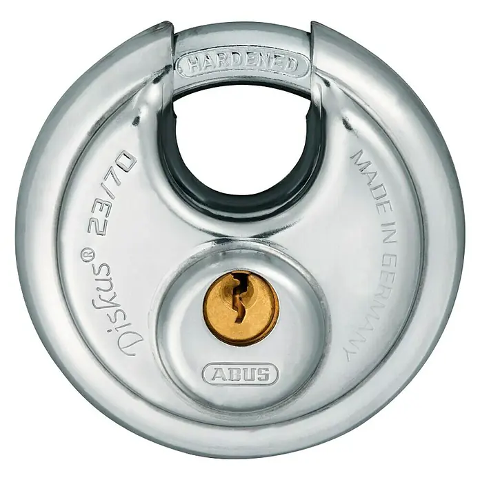 Abus Diskus Candado de disco 23/70 - An x Al: 70 x 70 mm, Acero inoxidable - Candado de seguridad Abus Diskus® 23/70 de acero endurecido, ideal para alta protección y uso versátil.