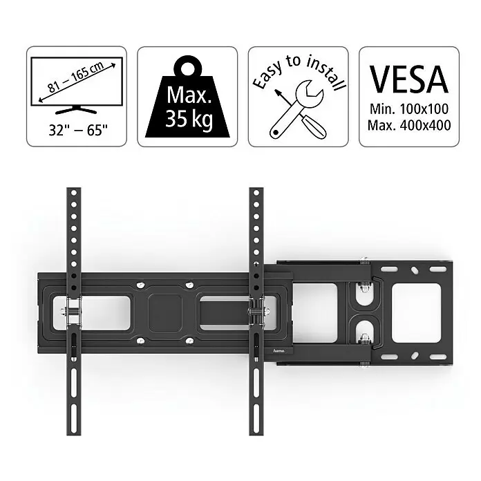 Hama TV-Wandhalterung schwenkbar - Passend für: Bildschirmdiagonale 32 - 65″, 81 - 165 cm, Belastbarkeit: 35 kg, Wandabstand: 9 cm - 42,5 cm - Schwarze verstellbare TV-Wandhalterung aus Metall für Bildschirme 32-65 Zoll, max. 35 kg, VESA-kompatibel.