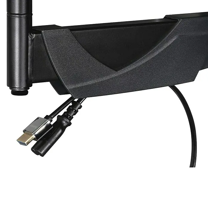 Hama TV-Wandhalterung schwenkbar - Passend für: Bildschirmdiagonale 32 - 65″, 81 - 165 cm, Belastbarkeit: 35 kg, Wandabstand: 5,8 cm - 52,1 cm - Nahaufnahme eines schwarzen Monitorarms mit Kabeln. Der Monitorarm ist aus Metall gefertigt und hat eine strukturierte Oberfläche.