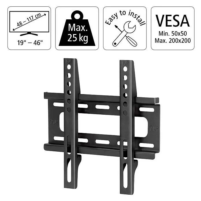 Hama TV-Wandhalterung starr - Passend für: Bildschirmdiagonale 19 - 46″, 48 - 117 cm, Belastbarkeit: 25 kg, Wandabstand: 2,5 cm - Schwarze Metall-TV-Wandhalterung für Flachbildfernseher, kompatibel mit 19-46 Zoll Bildschirmen und VESA bis 200x200, bis 25kg Traglast.