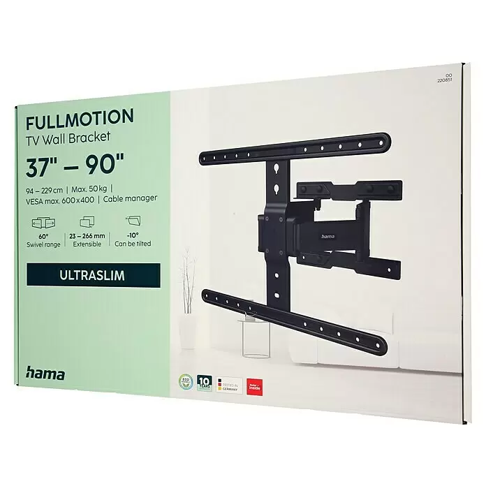 Hama TV-Wandhalterung schwenkbar Ultraslim - Passend für: Bildschirmdiagonale 37 - 90″, 94 - 228,6 cm, Belastbarkeit: 50 kg, Wandabstand: 2,3 cm - 27,8 cm - Schwarze, voll bewegliche TV-Wandhalterung für 37-90" Bildschirme, max. 50kg. Ausziehbar, schwenk- und neigbar.