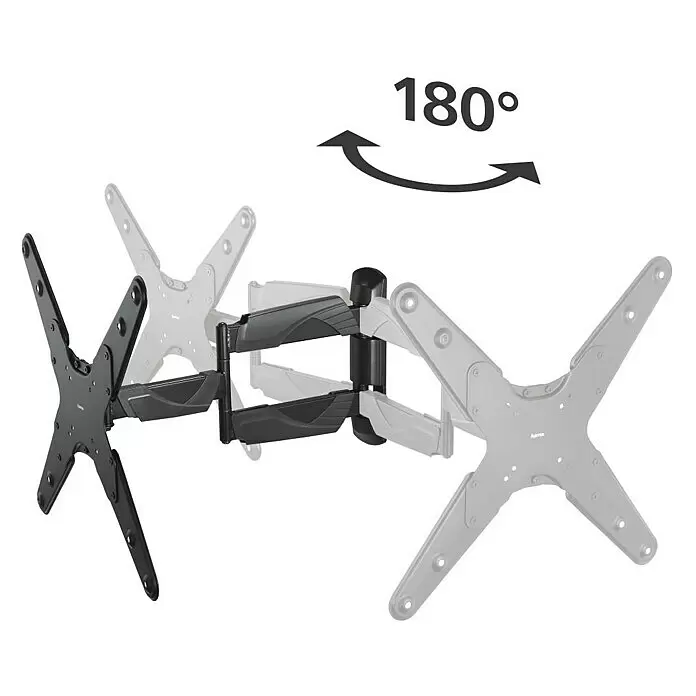Hama TV-Wandhalterung schwenkbar - Passend für: Bildschirmdiagonale 32 - 65″, 81 - 165 cm, Belastbarkeit: 35 kg, Wandabstand: 5,8 cm - 52,1 cm - Schwarze schwenkbare TV-Wandhalterung mit zwei X-förmigen VESA-Platten, die eine 180-Grad-Schwenkfunktion zeigt.