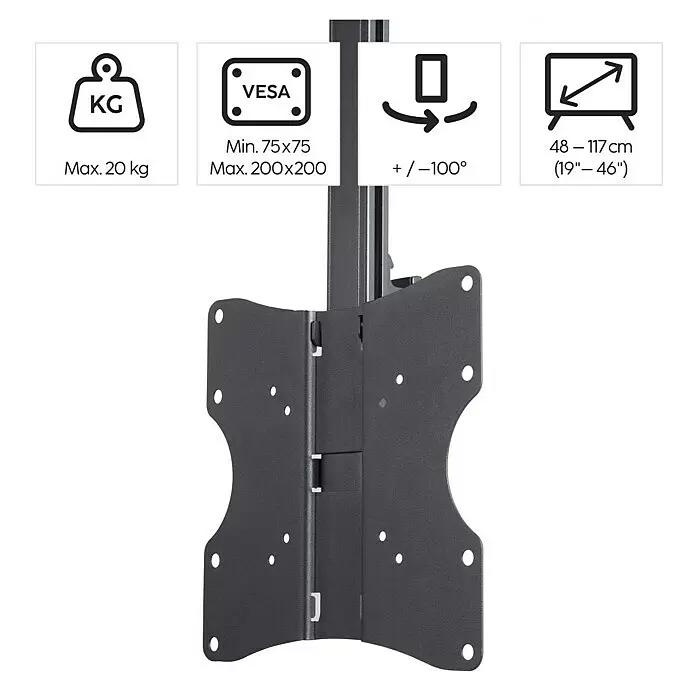 Hama TV-Deckenhalterung schwenkbar & höhenverstellbar - Passend für: Bildschirmdiagonale 19 - 46″, 48 - 117 cm, Belastbarkeit: 20 kg - Dunkelgraue TV-Deckenhalterung mit verstellbarem Arm und VESA-Platte, Spezifikationen sichtbar.