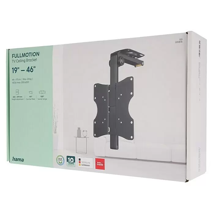 Hama TV-Deckenhalterung schwenkbar & höhenverstellbar - Passend für: Bildschirmdiagonale 19 - 46″, 48 - 117 cm, Belastbarkeit: 20 kg - Verpackung der schwarzen FULLMOTION TV-Deckenhalterung mit Details zur Verstellbarkeit und Kompatibilität (19-46 Zoll).