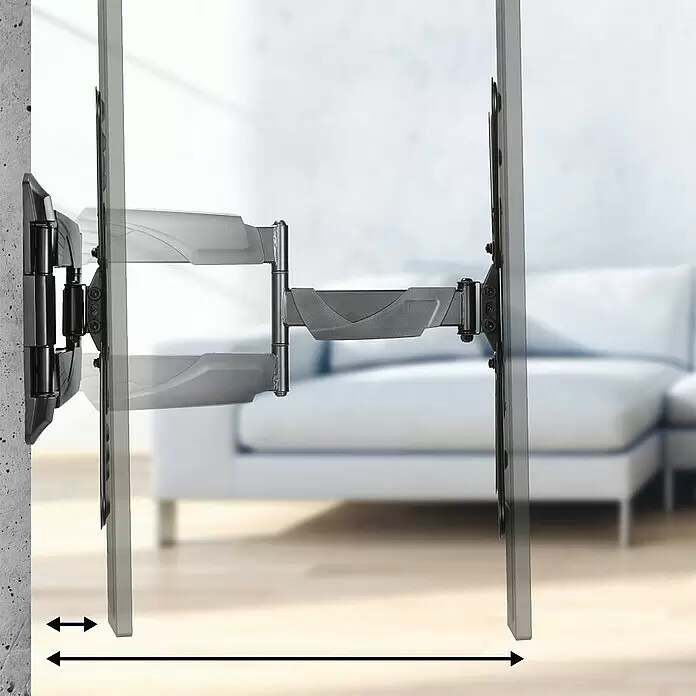 Hama TV-Wandhalterung schwenkbar - Passend für: Bildschirmdiagonale 32 - 65″, 81 - 165 cm, Belastbarkeit: 35 kg, Wandabstand: 5,8 cm - 52,1 cm - Grauer/schwarzer, voll beweglicher TV-Wandhalter, mit dünnem Fernseher von der Wand ausgefahren, zeigt verstellbaren Bereich und Blickwinkel.