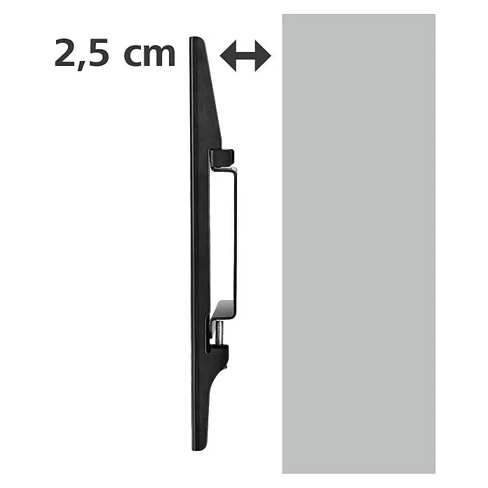 Hama TV-Wandhalterung starr - Passend für: Bildschirmdiagonale 19 - 46″, 48 - 117 cm, Belastbarkeit: 25 kg, Wandabstand: 2,5 cm - Seitenansicht einer schwarzen, schlanken TV-Wandhalterung, zeigt 2,5 cm Wandabstand.