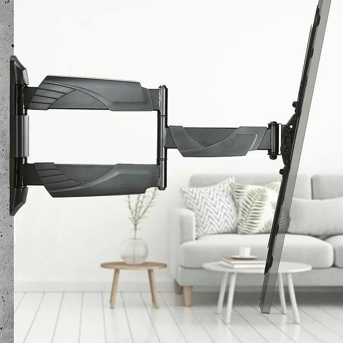 Hama TV-Wandhalterung schwenkbar - Passend für: Bildschirmdiagonale 32 - 65″, 81 - 165 cm, Belastbarkeit: 35 kg, Wandabstand: 5,8 cm - 52,1 cm - Abbildung einer schwenkbaren TV-Wandhalterung. Sie ist schwarz und ermöglicht eine flexible Positionierung des Fernsehers im Raum.