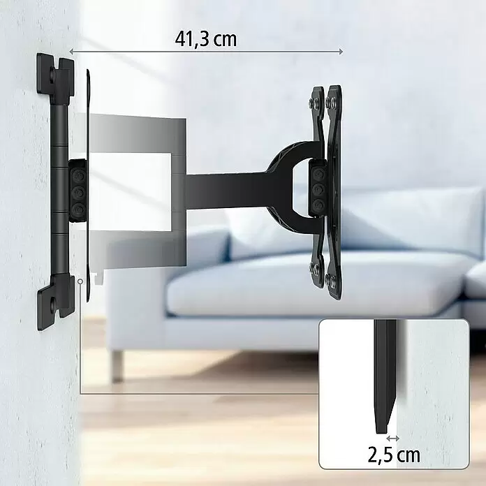 Hama TV-Wandhalterung schwenkbar - Passend für: Bildschirmdiagonale 32 - 65″, 81 - 165 cm, Belastbarkeit: 30 kg, Wandabstand: 2,5 cm - 41 cm - Schwarze schwenkbare TV-Wandhalterung, 41,3 cm von der Wand ausgefahren, minimaler Wandabstand 2,5 cm.