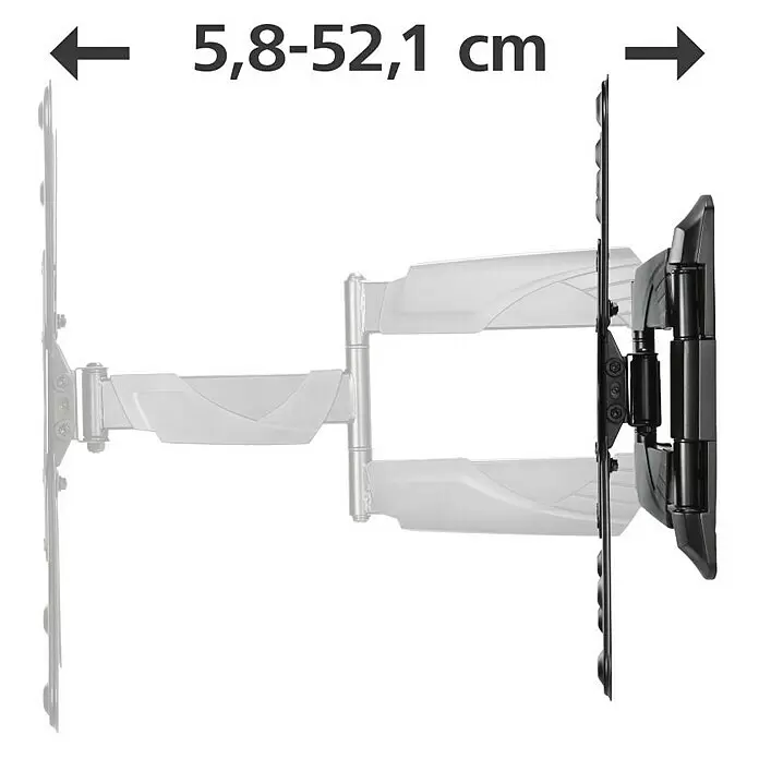 Hama TV-Wandhalterung schwenkbar - Passend für: Bildschirmdiagonale 32 - 65″, 81 - 165 cm, Belastbarkeit: 35 kg, Wandabstand: 5,8 cm - 52,1 cm - Silber-schwarze, ausziehbare TV-Wandhalterung, von 5,8 bis 52,1 cm ausgefahren.