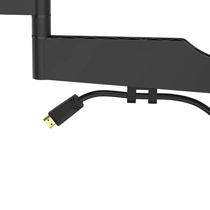 Hama TV-Wandhalterung schwenkbar - Passend für: Bildschirmdiagonale 32 - 65″, 81 - 165 cm, Belastbarkeit: 30 kg, Wandabstand: 2,5 cm - 41 cm - Nahaufnahme einer schwarzen Monitorhalterung mit einem HDMI-Kabel, das durch eine Halterung geführt wird, ideal für sauberes Kabelmanagement.
