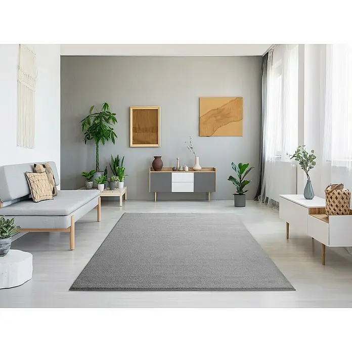 Alfombra de pelo corto Montana - Plata, 120 x 60 cm, 100% Polipropileno - Salón con alfombra gris, sofá y plantas. La alfombra es el elemento central y crea un ambiente acogedor en la habitación.