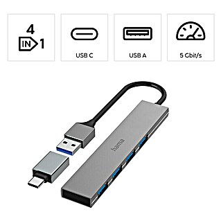 Hama USB-Hub 4 Ports, USB-3.2 Gen 1 (USB A-Stecker, USB C-Stecker, Bis zu 5 Gbit/s)