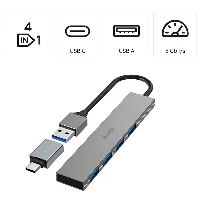 Hama USB-Hub 4 Ports, USB-3.2 Gen 1 - USB A-Stecker, USB C-Stecker, Bis zu 5 Gbit/s - Grau Hama USB-Hub mit 4 USB-A-Anschlüssen, abnehmbarem USB-C-Adapter und 5 Gbit/s Datenübertragung.