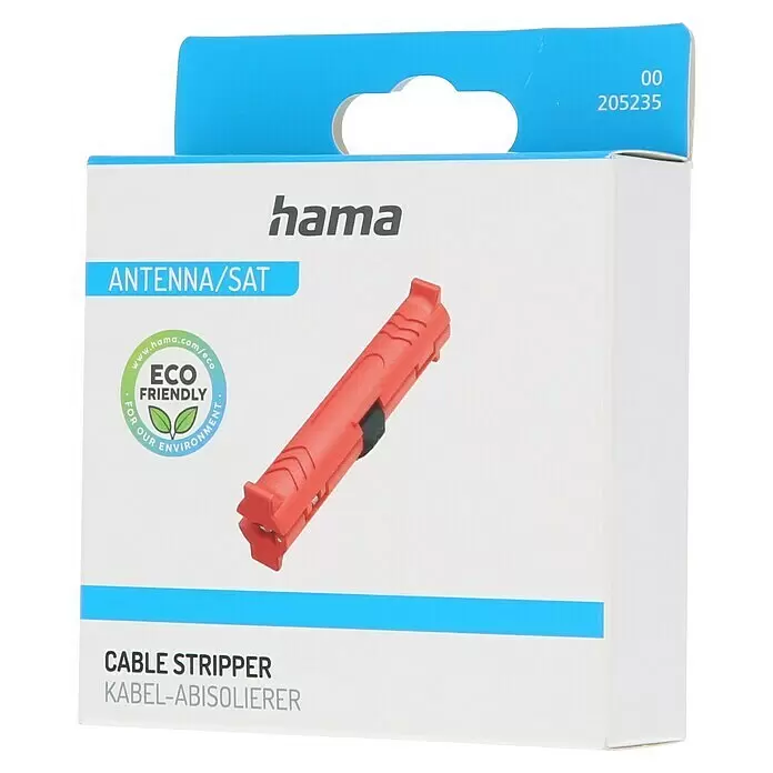 Hama Abisolierwerkzeug - Passend für: Gängige Antennenkabel - Roter Hama Kabelabisolierer für Antennen-/SAT-Kabel in weißer Verkaufsverpackung.