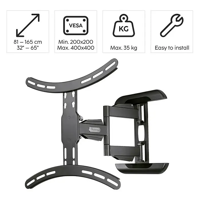 Hama TV-Wandhalterung schwenkbar - Passend für: Bildschirmdiagonale 32 - 65″, 81 - 165 cm, Belastbarkeit: 35 kg, Wandabstand: 5,2 cm - 40,7 cm - Nahaufnahme einer schwenkbaren TV-Wandhalterung von Hama zur sicheren Montage von Fernsehern mit einer Bildschirmdiagonale von 81 bis 165 cm.