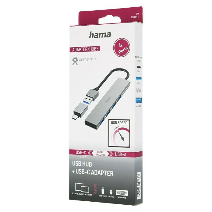 Hama USB-Hub 4 Ports, USB-3.2 Gen 1 (USB A-Stecker, USB C-Stecker, Bis zu 5 Gbit/s) | BAUHAUS