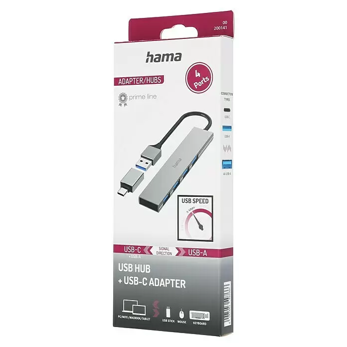 Hama USB-Hub 4 Ports, USB-3.2 Gen 1 - USB A-Stecker, USB C-Stecker, Bis zu 5 Gbit/s - Silberner Hama USB Hub mit 4 USB-A Ports und abnehmbarem USB-C Adapter.