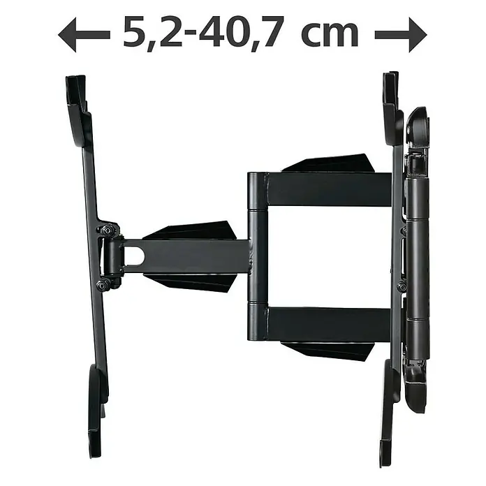 Hama TV-Wandhalterung schwenkbar - Passend für: Bildschirmdiagonale 32 - 65″, 81 - 165 cm, Belastbarkeit: 35 kg, Wandabstand: 5,2 cm - 40,7 cm - Das Bild zeigt eine detaillierte Ansicht einer verstellbaren TV-Wandhalterung, die eine flexible Montage und Ausrichtung des Fernsehers ermöglicht.