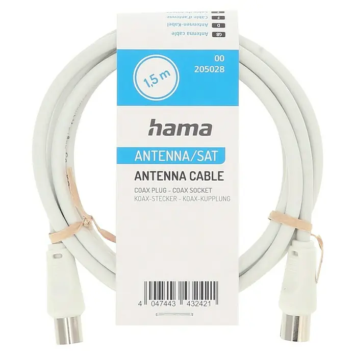 Hama Antennen-Anschlusskabel - 1,5 m, Weiß, 75 dB - Nahaufnahme eines Hama Antennenkabels für Satellitenempfang, 1,5 m Länge, mit Koax-Stecker und -Kupplung.