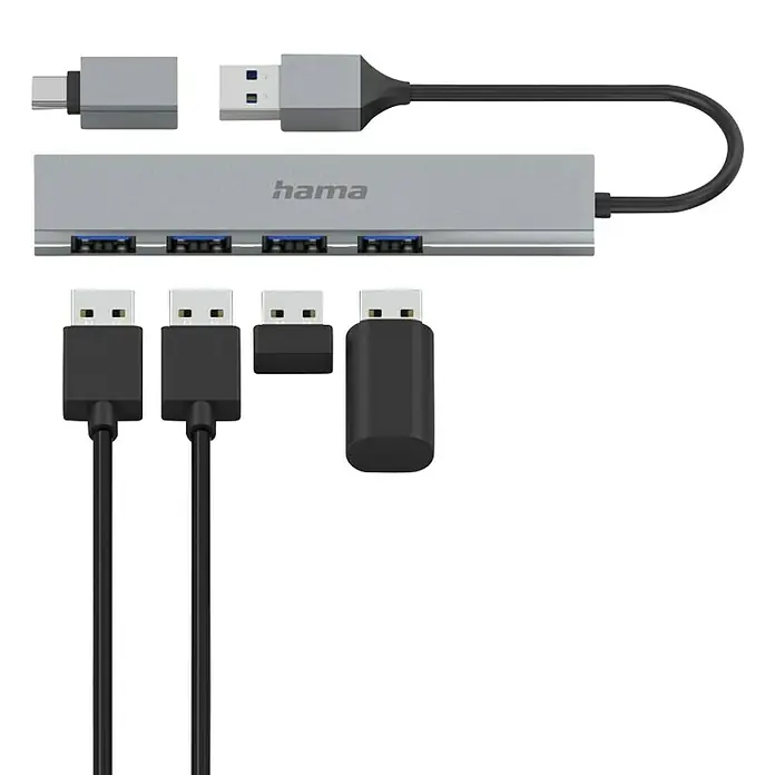Hama USB-Hub 4 Ports, USB-3.2 Gen 1 - USB A-Stecker, USB C-Stecker, Bis zu 5 Gbit/s - USB-Hub von Hama mit mehreren Anschlüssen und verschiedenen USB-Kabeln für eine vielseitige Konnektivität.