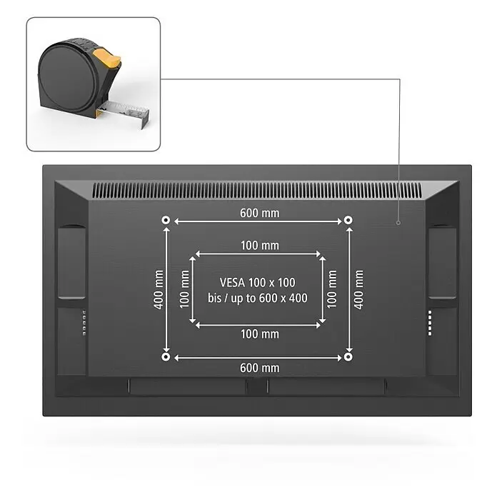 Hama TV-Wandhalterung neigbar - Passend für: Bildschirmdiagonale 32 - 75″, 81 - 191 cm, Belastbarkeit: 40 kg, Wandabstand: 2,8 cm - Rückseite eines dunkelgrauen Displays mit VESA-Halterungsmustern von 100x100mm bis 600x400mm, inklusive Maßband.