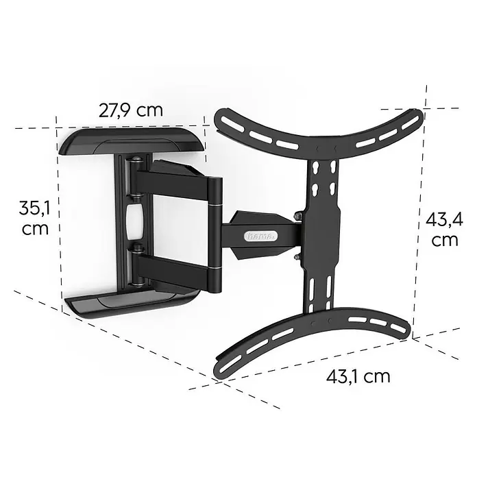 Hama TV-Wandhalterung schwenkbar - Passend für: Bildschirmdiagonale 32 - 65″, 81 - 165 cm, Belastbarkeit: 35 kg, Wandabstand: 5,2 cm - 40,7 cm - Abmessungen der Hama TV-Wandhalterung, die eine optimale Positionierung und sicheren Halt für Fernsehgeräte unterschiedlicher Größe gewährleistet.