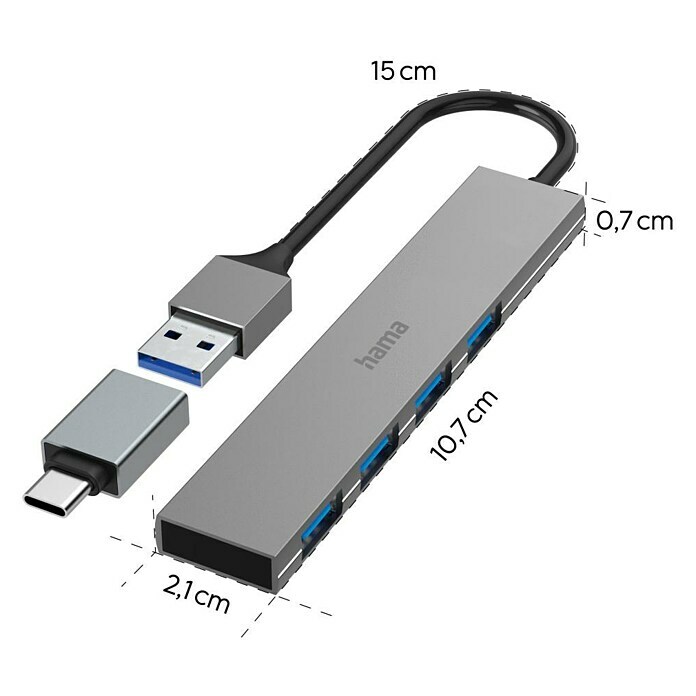 Hama USB-Hub 4 Ports, USB-3.2 Gen 1 (USB A-Stecker, USB C-Stecker, Bis zu 5 Gbit/s) | BAUHAUS