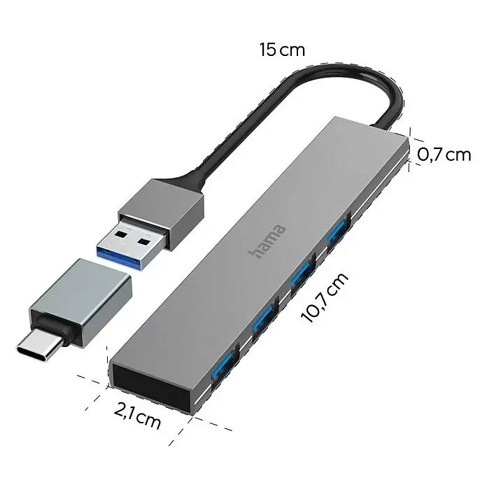 Hama USB-Hub 4 Ports, USB-3.2 Gen 1 - USB A-Stecker, USB C-Stecker, Bis zu 5 Gbit/s - Grauer Hama USB 3.0 Hub mit 4 blauen Ports, 15 cm USB-A Kabel und USB-C Adapter. Maße: 10,7x2,1x0,7 cm.