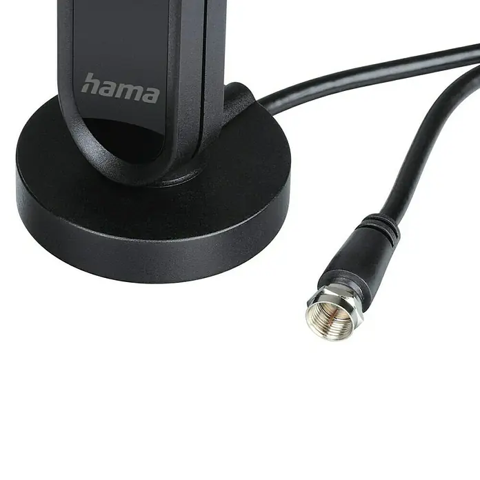 Hama Zimmerantenne Radio, aktiv - DAB+, DAB, UKW, Kabellänge: 1,5 m, Koax - Nahaufnahme einer Hama-Antenne mit schwarzem Kabel und F-Stecker, ideal für TV- und Radioempfang mit hochwertiger Signalübertragung.