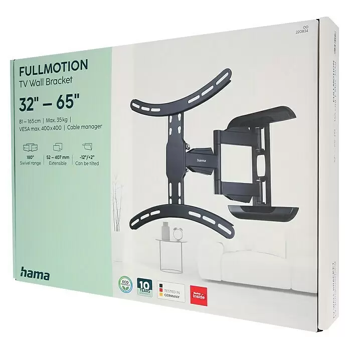 Hama TV-Wandhalterung schwenkbar - Passend für: Bildschirmdiagonale 32 - 65″, 81 - 165 cm, Belastbarkeit: 35 kg, Wandabstand: 5,2 cm - 40,7 cm - Schwarze Hama Fullmotion TV-Wandhalterung für verstellbare Bildschirmpositionierung, auf der Produktverpackung abgebildet.