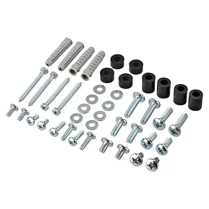 Hama TV-Wandhalterung neigbar - Passend für: Bildschirmdiagonale 32 - 75″, 81 - 191 cm, Belastbarkeit: 40 kg, Wandabstand: 2,8 cm - Graue Kunststoffdübel, diverse silberne Schrauben und Unterlegscheiben sowie schwarze Abstandshalter zur Montage.